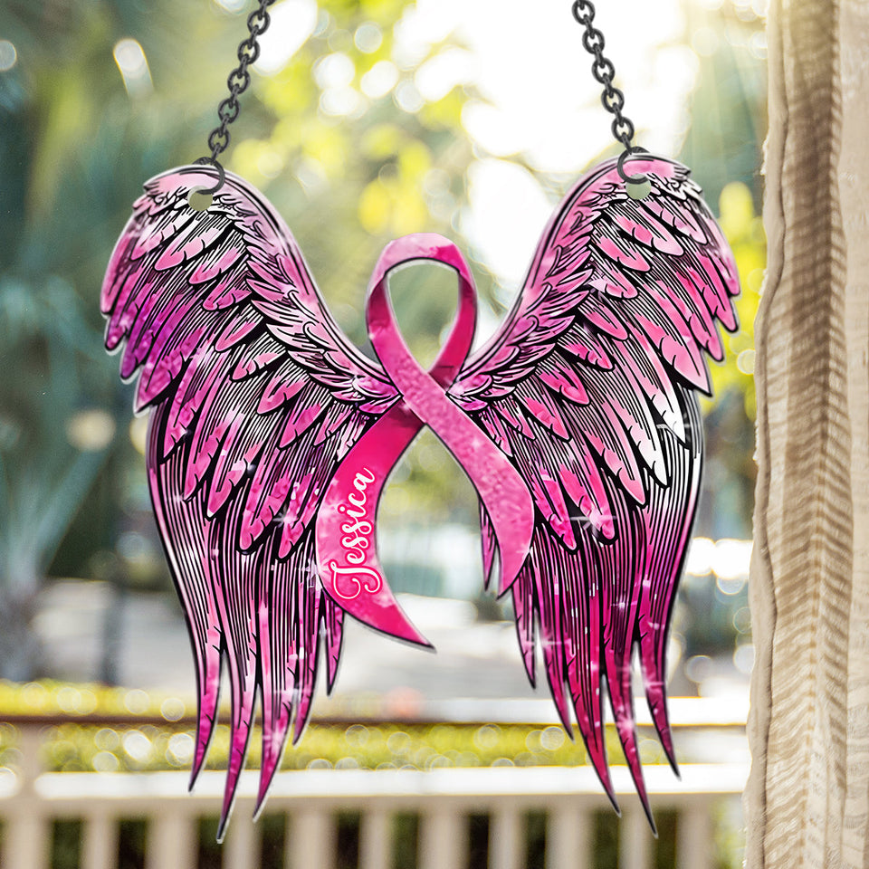 Sensibilisation au cancer du sein - Aile d'ange ruban rose - Décoration attrape-soleil personnalisée à suspendre à la fenêtre pour la sensibilisation au cancer du sein 
