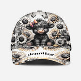 Black and White Highland Cow Flower - Personalized Highland Cow Classic Cap