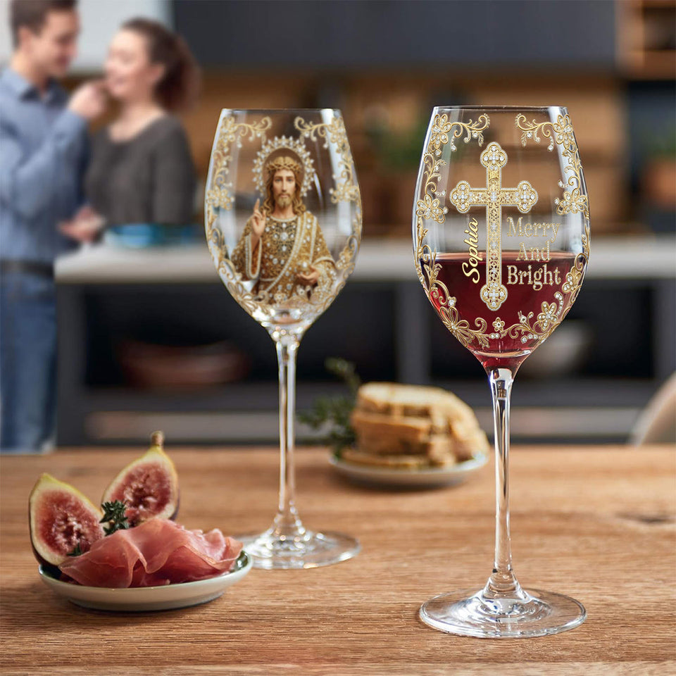 Jesus Christmas Merry And Bright - Personalized Christian Wine Glass With Long Stem