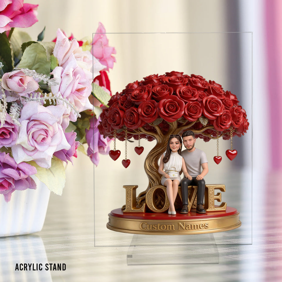 Custom Lesbian Couple Figurine Statue under Red Rose Tree, Engraved Name, Romantic Same Sex LGBT Anniversary Wedding Gift Home Decor