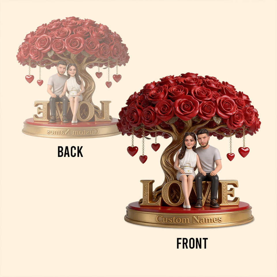Custom Lesbian Couple Figurine Statue under Red Rose Tree, Engraved Name, Romantic Same Sex LGBT Anniversary Wedding Gift Home Decor