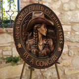 In A World Fulled Of Princesses Be A Cowgirl - Personalized Cowgirl Round Wood Sign