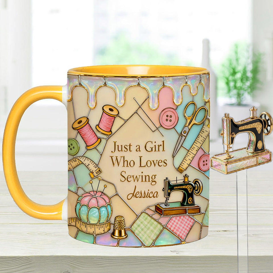 Just A Girl Who Loves Sewing - Personalized Sewing Set Accent Mug with Acrylic Stirrers