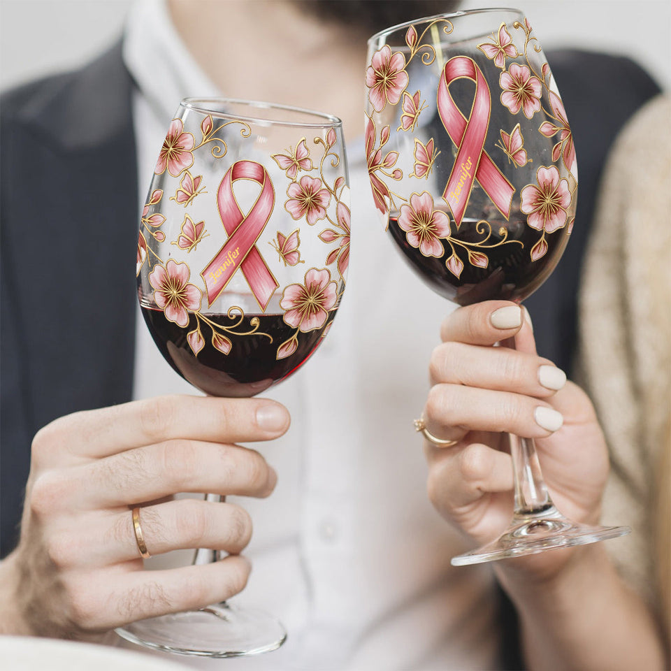 Pink Ribbon - Personalized Breast Cancer Awareness Wine Glass With Long Stem