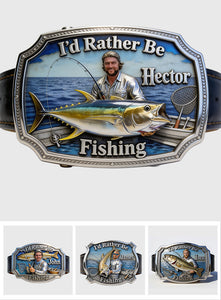 I'd Rather Be Fishing - Personalized Fishing Leather Belt With Shaped Buckle