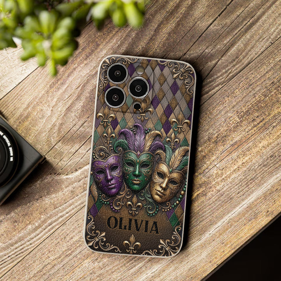 Mardi Gras Fleur de Lis - Personalized Mardi Gras Leather Phone Case