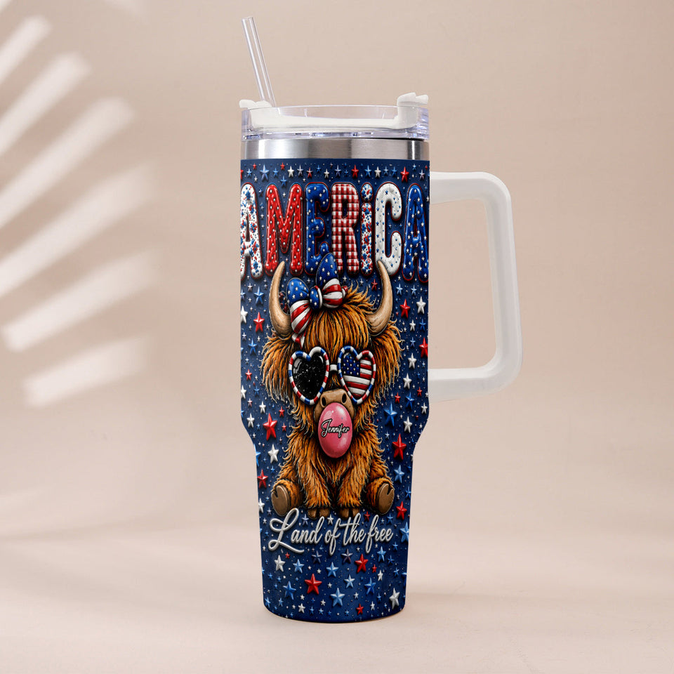 Land Of The Free - Personalized Highland Cow Tumbler With Plush Charm