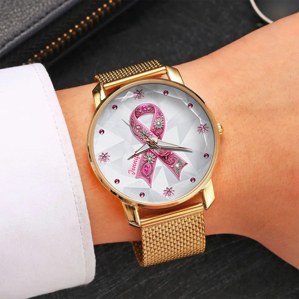 Sensibilisation au cancer du sein - Montre-bracelet personnalisée pour femmes sensibilisant au cancer du sein 