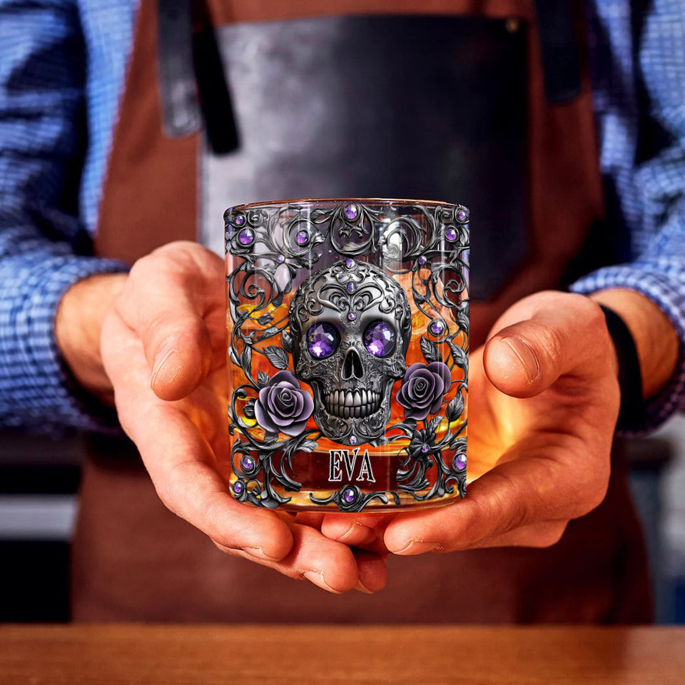 Beautiful Skull And Roses - Personalized Skull Whiskey Glass