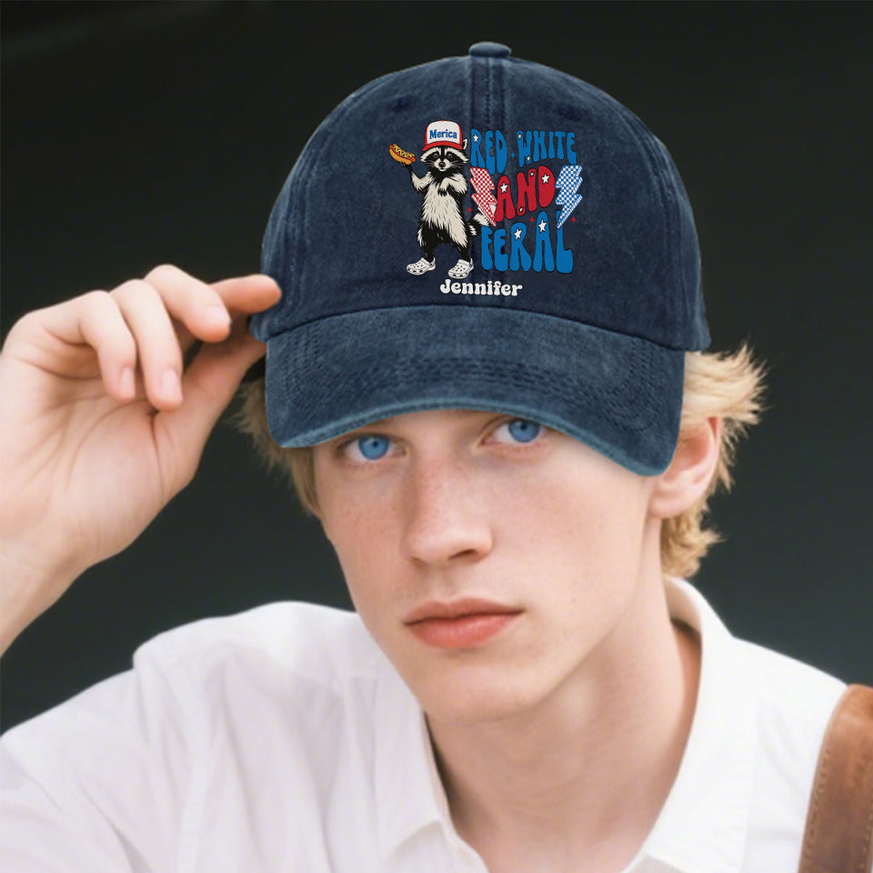 Red White And Feral - Personalized Independence Day/ 4th of July Washed Denim Cap