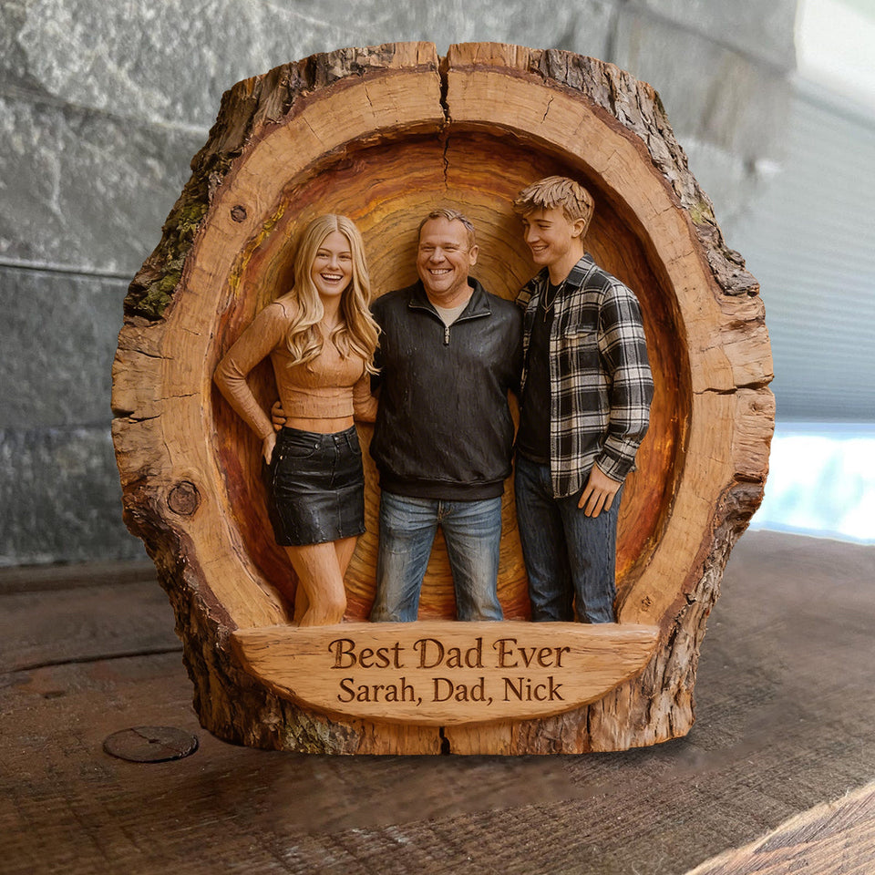 Custom Best Dad Ever Wood Log Figurine, Personalized Father and Daughter Carved Statue, Rustic Tabletop Decor Gift for Father's Day