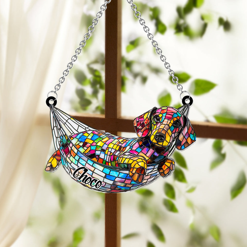 Stained Glass Chilling Dog - Personalized Dog Window Hanging Suncatcher Ornament
