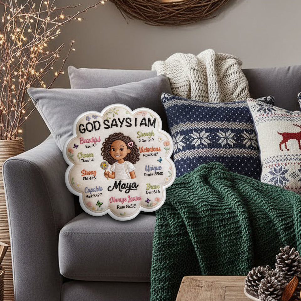 God Says I Am - Affirmation Gift - Personalized Kid Faux Fur Shaped Pillow