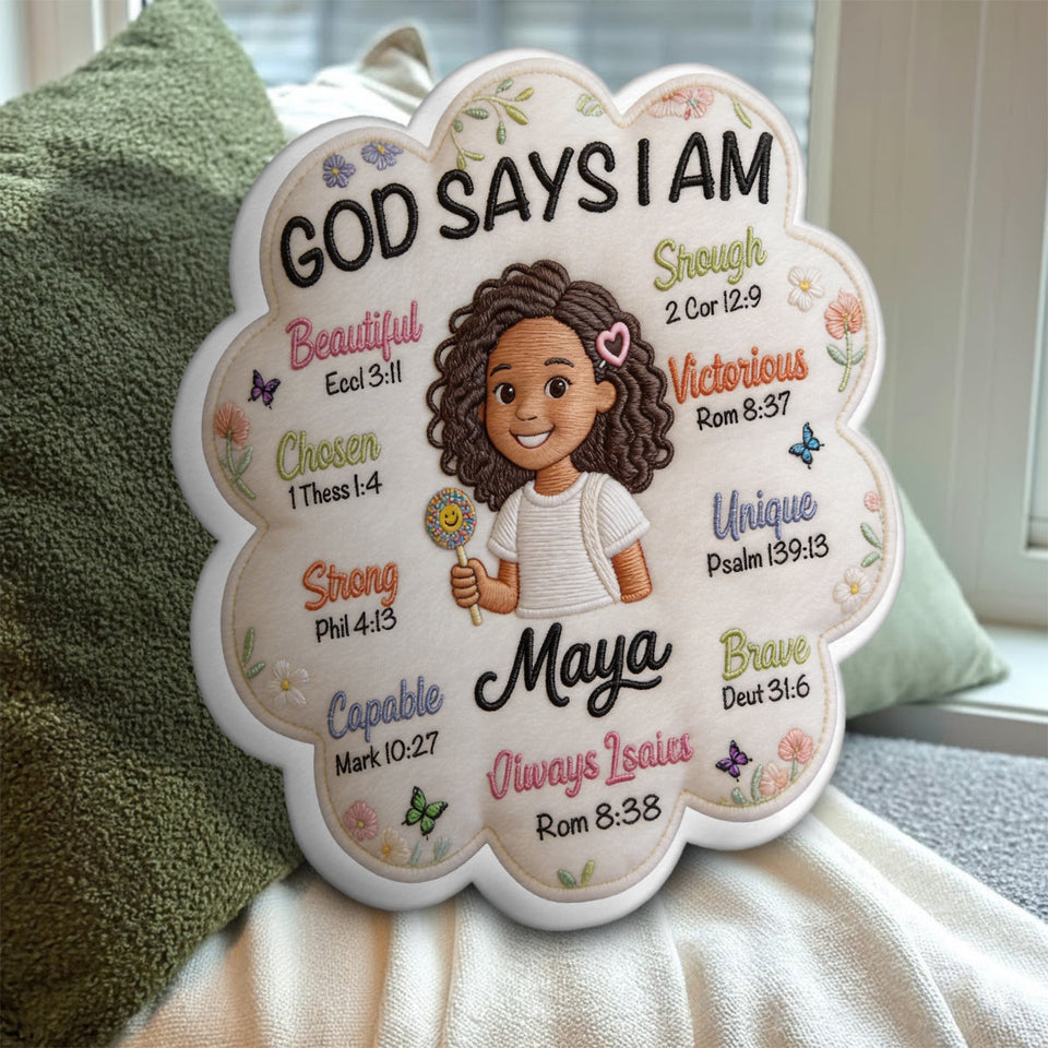 God Says I Am - Affirmation Gift - Personalized Kid Faux Fur Shaped Pillow