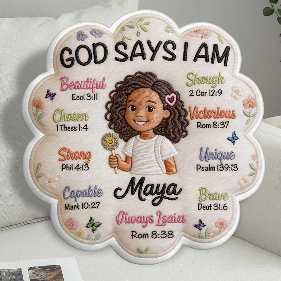 God Says I Am - Affirmation Gift - Personalized Kid Faux Fur Shaped Pillow
