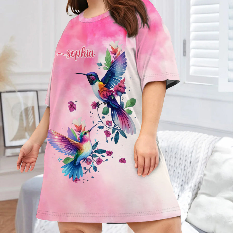 Purple Birds - Personalized Hummingbird Sleep T-shirt Dress