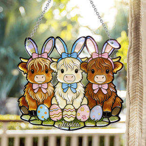 Easter Day Highland Cow - Personalized Highland Cow Window Hanging Suncatcher Ornament