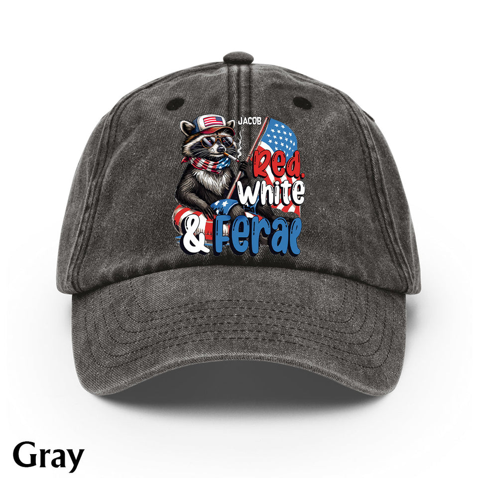 Red, White & Feral Racoon - Personalized Independence Day/ 4th of July Washed Denim Cap