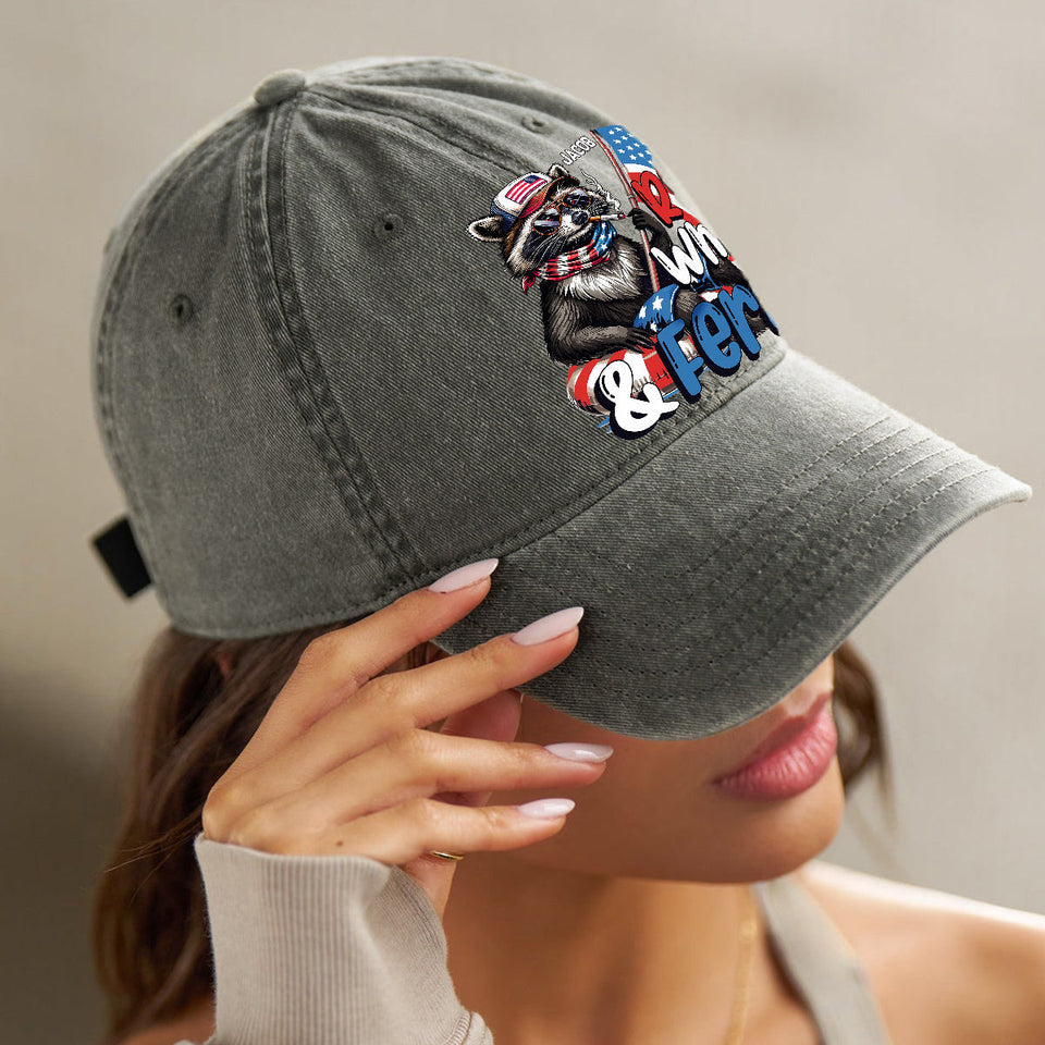 Red, White & Feral Racoon - Personalized Independence Day/ 4th of July Washed Denim Cap