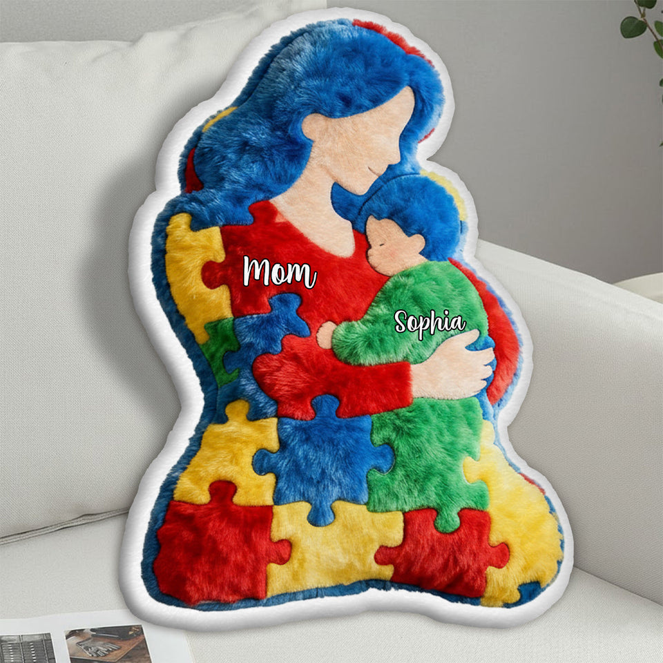Mom And Kid - Personalized Autism Awareness Faux Fur Shaped Pillow