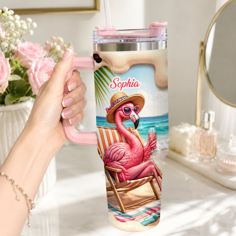 Pink Flamingo - Personalized Flamingo Tumbler With Plush Charm