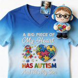 A Piece Of My Heart Has Autism - Personalized Autism Awareness V-Neck T-Shirt With Plush Pin