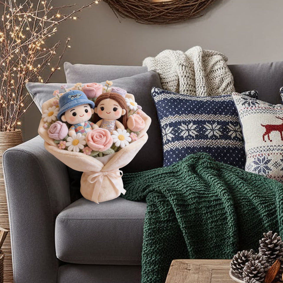 Lovely Couple Flowers Red Roses Bouquet - Personalized Couple Faux Fur Shaped Pillow