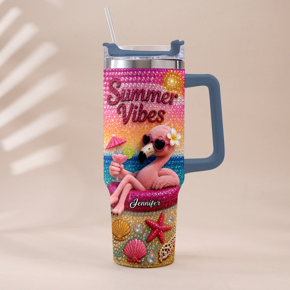 Love Flamingo Summer Vibes - Personalized Flamingo Tumbler With Plush Charm