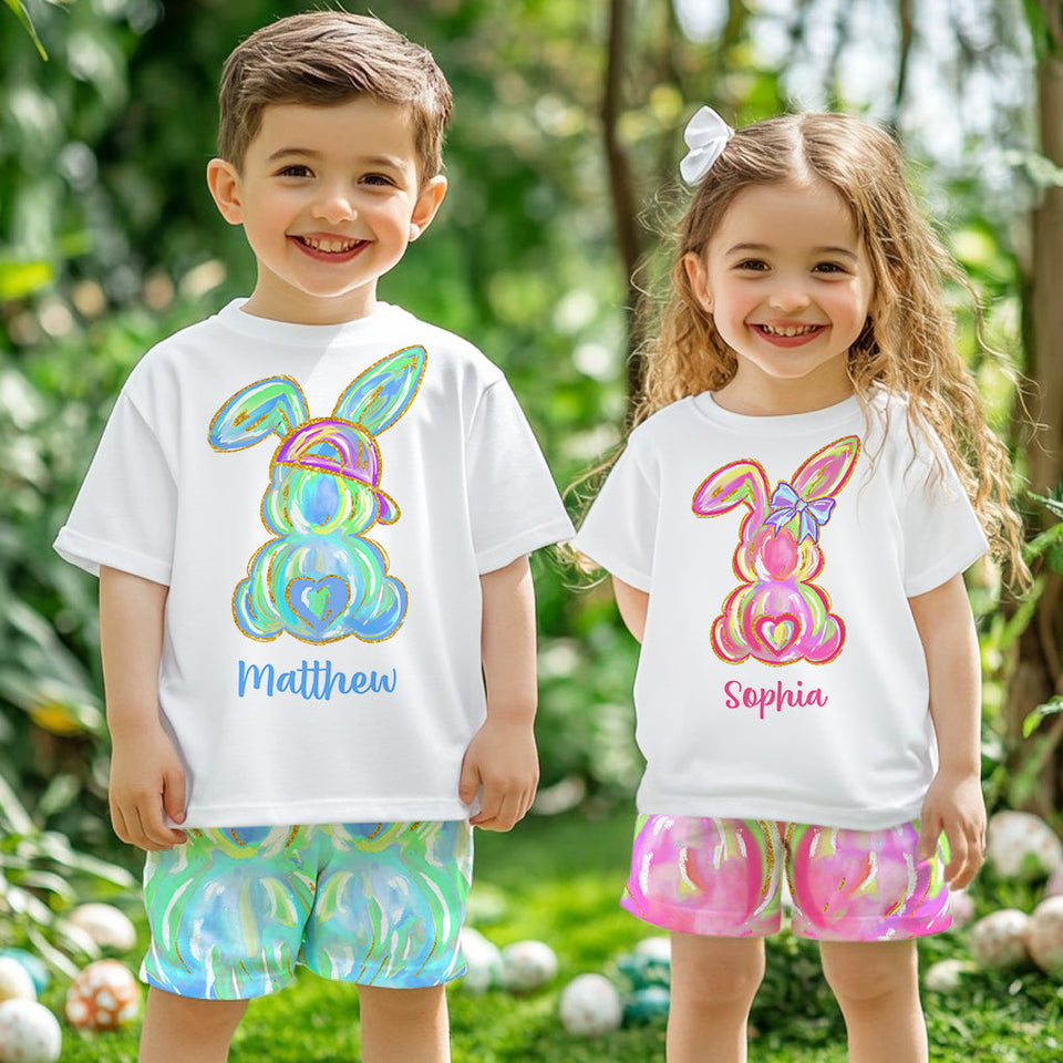 Colorful Brushstroke Easter Bunnies - Personalized Kid T-shirt & Shorts