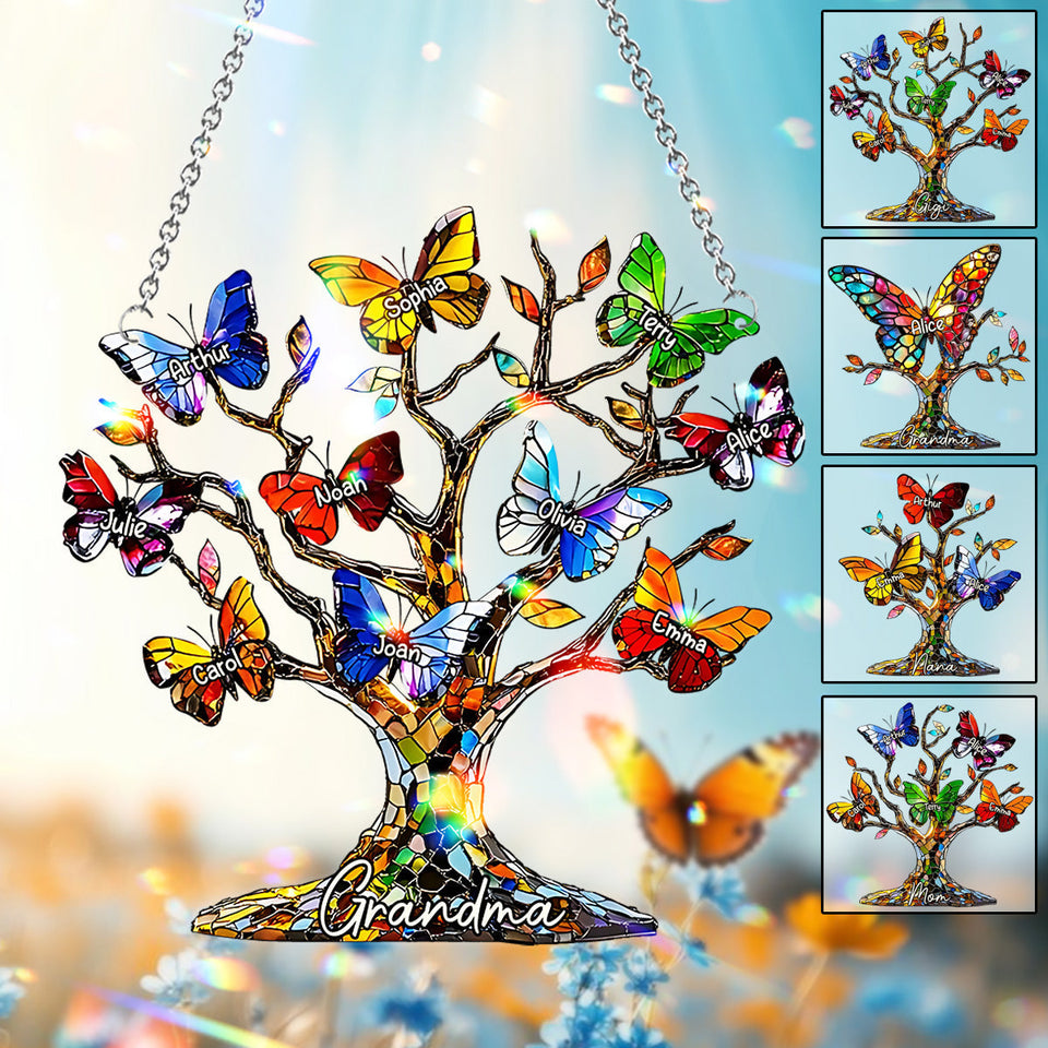 Grandma Mom Butterfly Tree - Personalized Grandma Window Hanging Suncatcher Ornament
