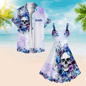 Watercolor Floral Skull - Personalized Skull Hawaiian Shirt & Sleeveless Dress