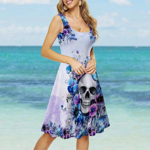 Watercolor Floral Skull - Personalized Skull Hawaiian Shirt & Sleeveless Dress