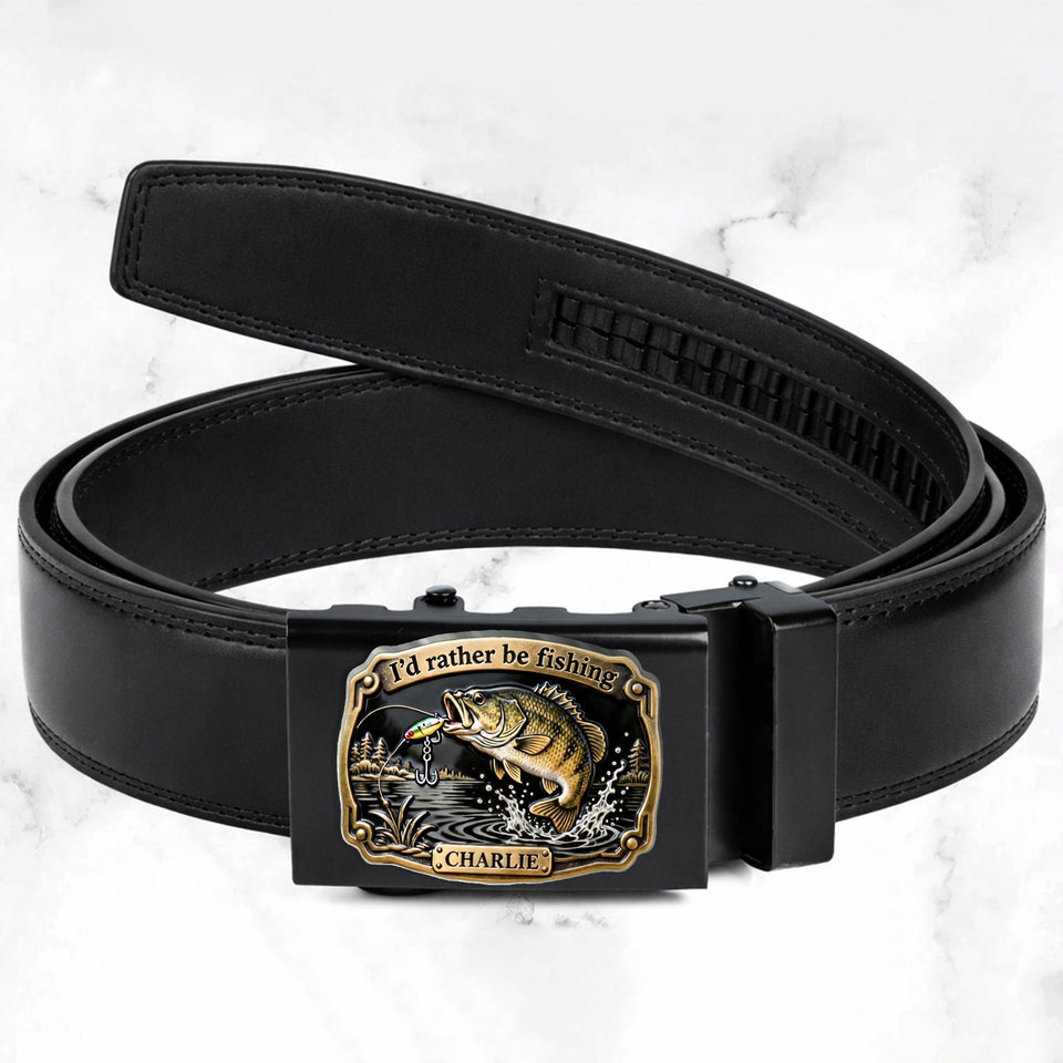I'd Rather Be Fishing - Personalized Fishing Leather Belt With Shaped Buckle