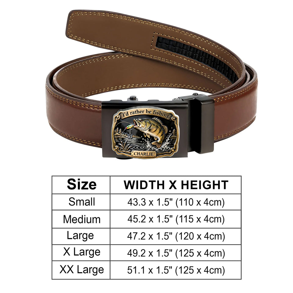I'd Rather Be Fishing - Personalized Fishing Leather Belt With Shaped Buckle