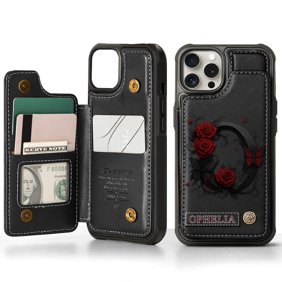 Alphabet Red Rose And Butterflies - Personalized Luxury Wallet Phone Case