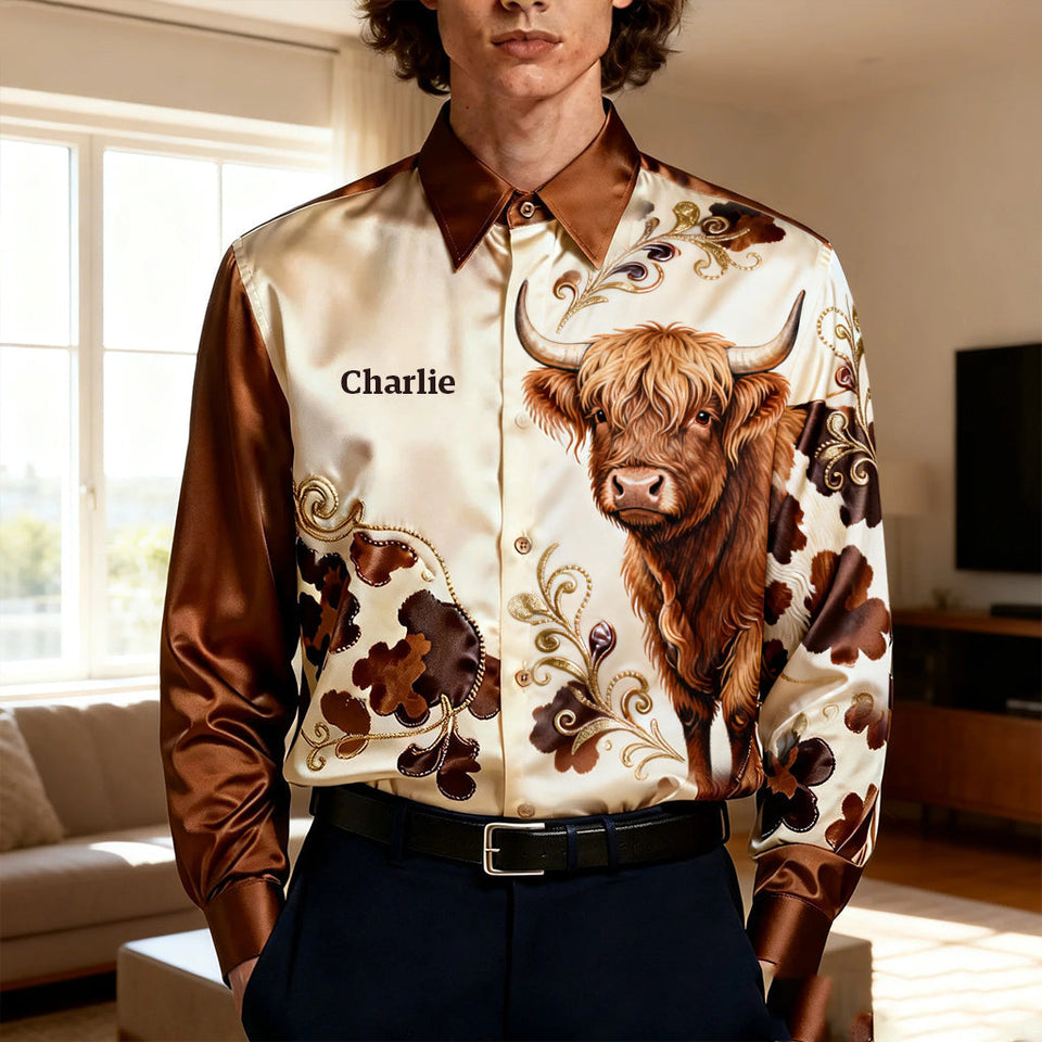 Love Highland Cow - Personalized Highland Cow Button-Up Shirt
