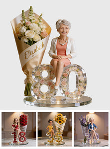Gift For Her - Flower Bouquet And Number - Personalized Birthday Custom Shaped Acrylic Plaque