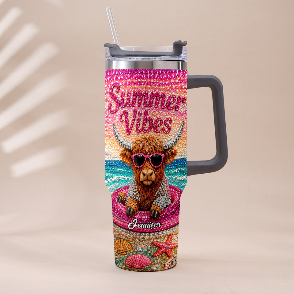 Summer Vibes - Personalized Highland Cow Tumbler With Plush Charm