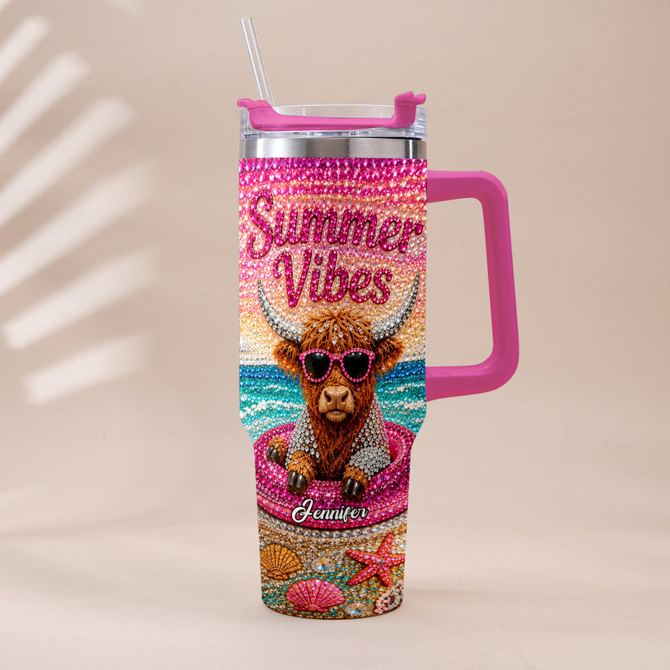 Summer Vibes - Personalized Highland Cow Tumbler With Plush Charm