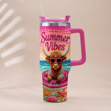 Summer Vibes - Personalized Highland Cow Tumbler With Plush Charm