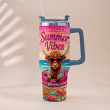 Summer Vibes - Personalized Highland Cow Tumbler With Plush Charm