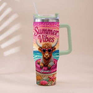 Summer Vibes - Personalized Highland Cow Tumbler With Plush Charm