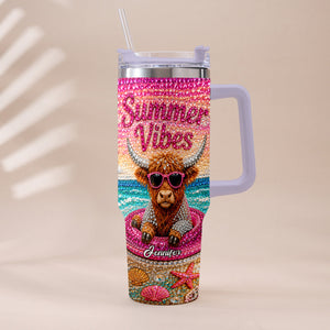 Summer Vibes - Personalized Highland Cow Tumbler With Plush Charm