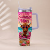 Summer Vibes - Personalized Highland Cow Tumbler With Plush Charm