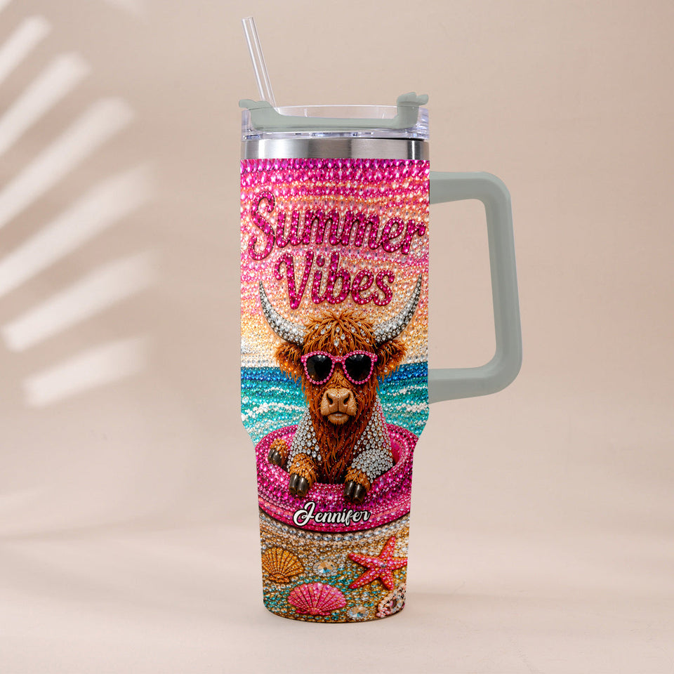 Summer Vibes - Personalized Highland Cow Tumbler With Plush Charm