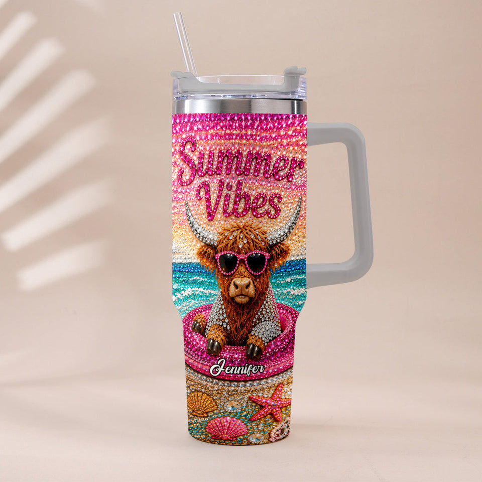 Summer Vibes - Personalized Highland Cow Tumbler With Plush Charm