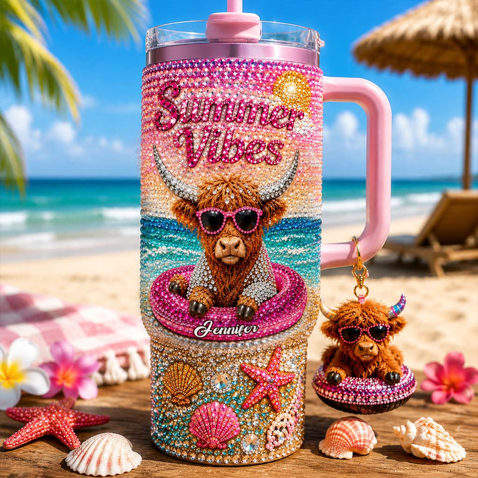 Summer Vibes - Personalized Highland Cow Tumbler With Plush Charm