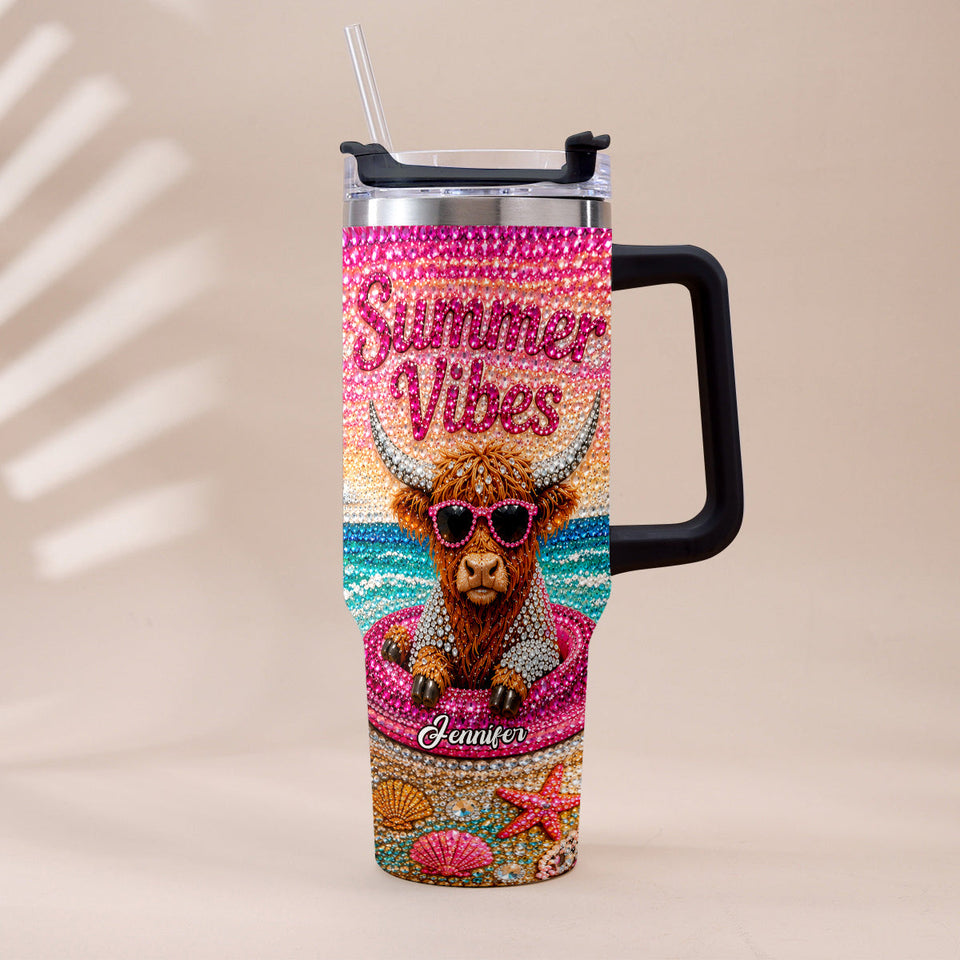 Summer Vibes - Personalized Highland Cow Tumbler With Plush Charm