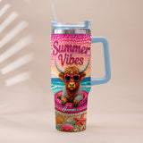 Summer Vibes - Personalized Highland Cow Tumbler With Plush Charm