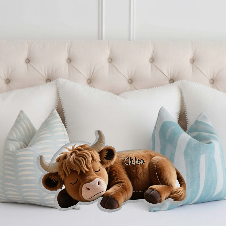 Sleeping Highland Cow - Personalized Highland Cow Faux Fur Shaped Pillow